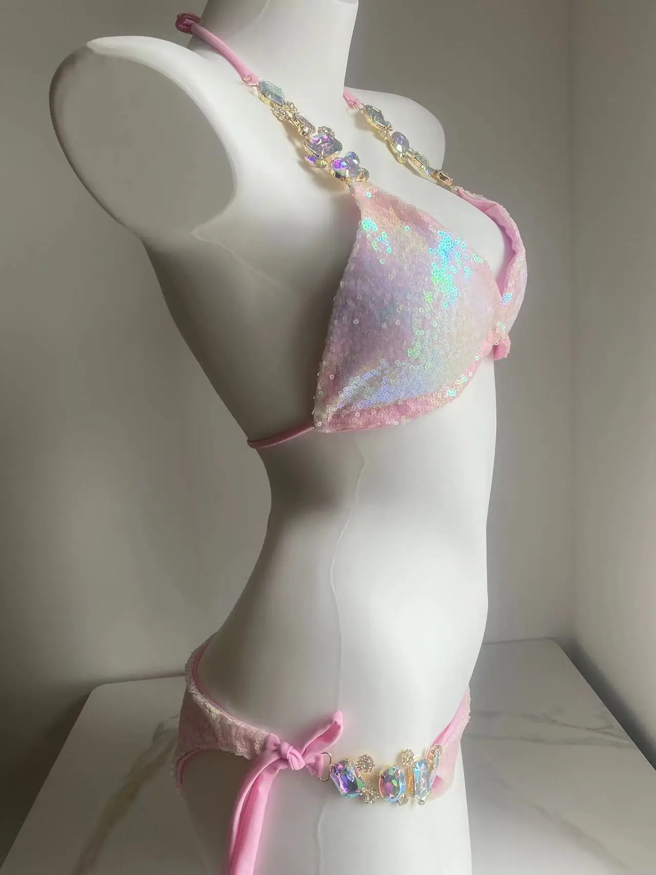 Женское сексуальное розовое бикини с блестками бриллиантовые драгоценные камни