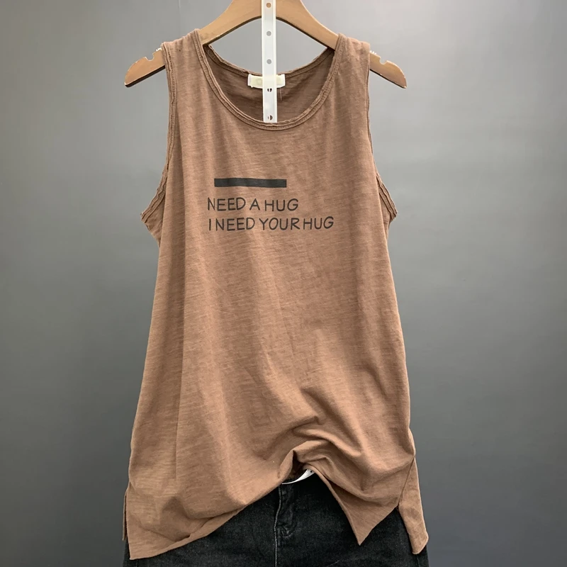 

2021 Summer New Cotton Women Tanks Tops O-neck Sleeveless Letter Solid Loose Casual Female Pulls Tops Tees Top Quality