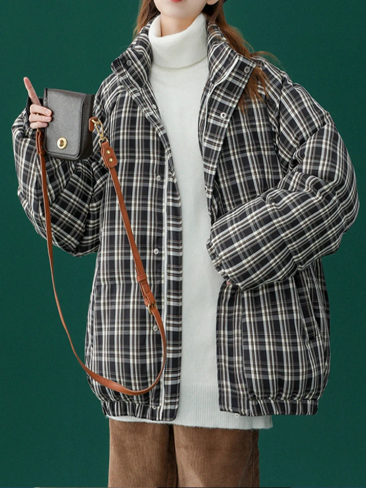 Women's Winter Jacket Casual Loose Winter Coats Female Stand Collar Plaid Parkas Women