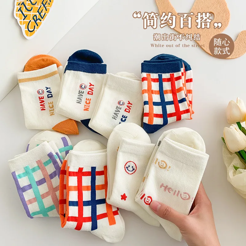 

Colored Happy Socks Women Plaid White Funny Spring Fun Japanese Sweets Smiley Cute Stripe Woman Fashion Cotton Female Kawaii