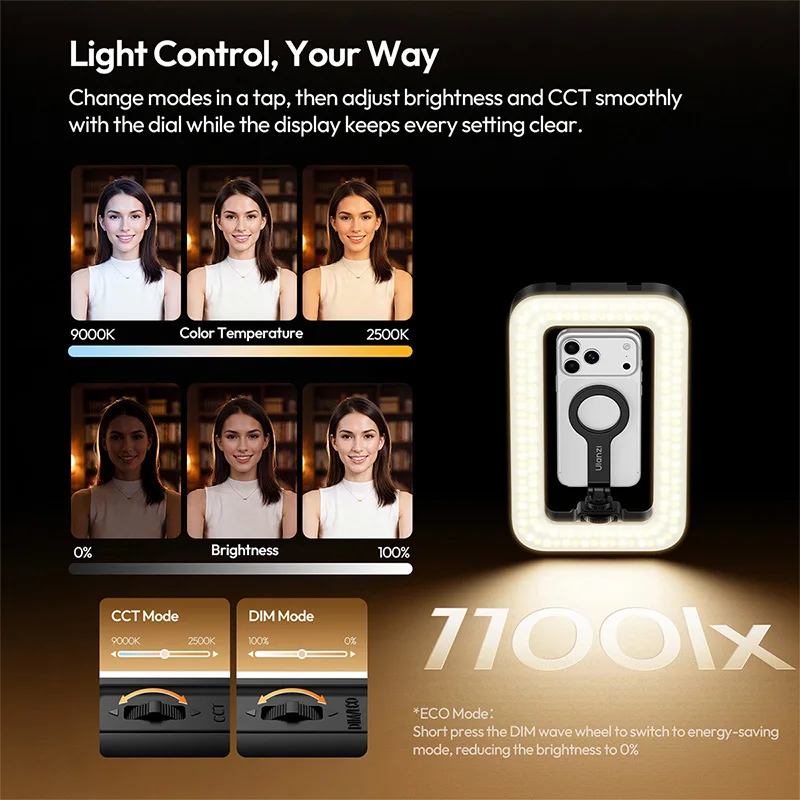 Фото Ulanzi PL15RGB Портативный RGB-кольцевой светильник 2500K-9500K для смартфона, магнитный видеосвет DJI Pocket с холодным креплением 1/4 дюйма №3