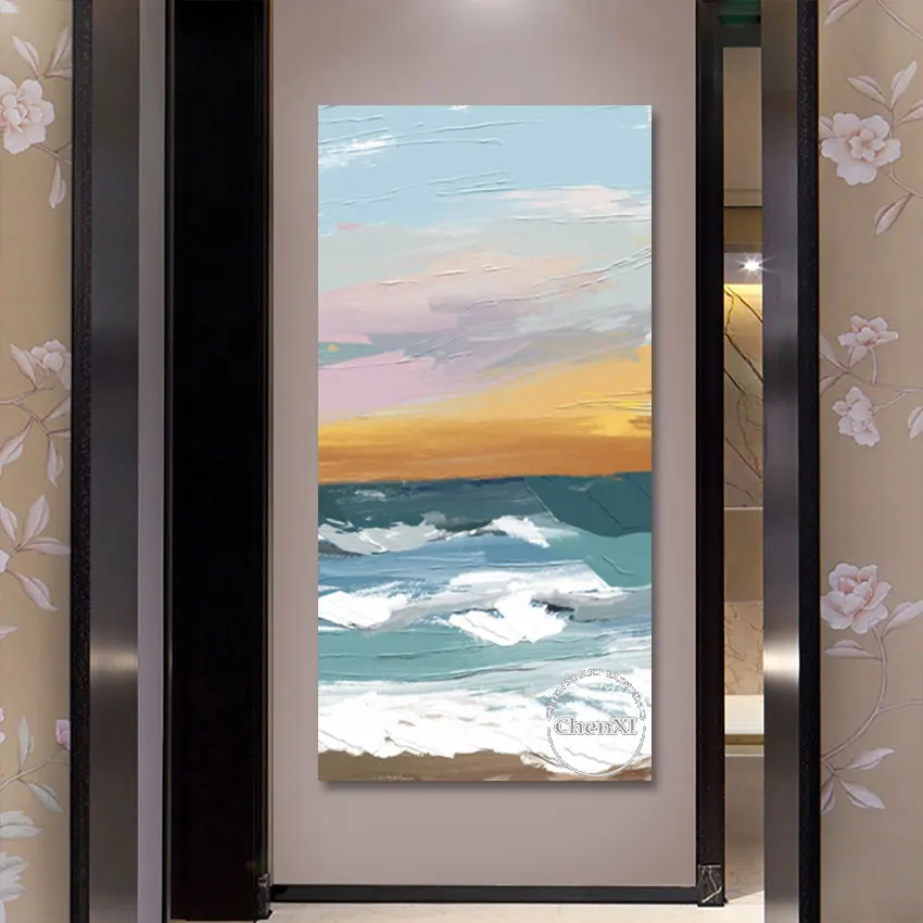 

Handmade Seascape Canvas Oil Painting Sunset Scene Wall Picture Abstract Knife Art Unframed Decorative Unframed Canvas Wall Art