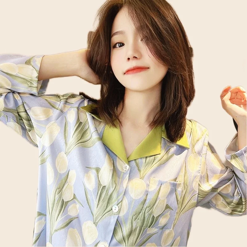 Rayon Pajama Sets Women Tulip Flower Nighty T-Shirt  Homewear Cozy Big Size Pijamas Luxury Designer Clothing Women Sleepwear