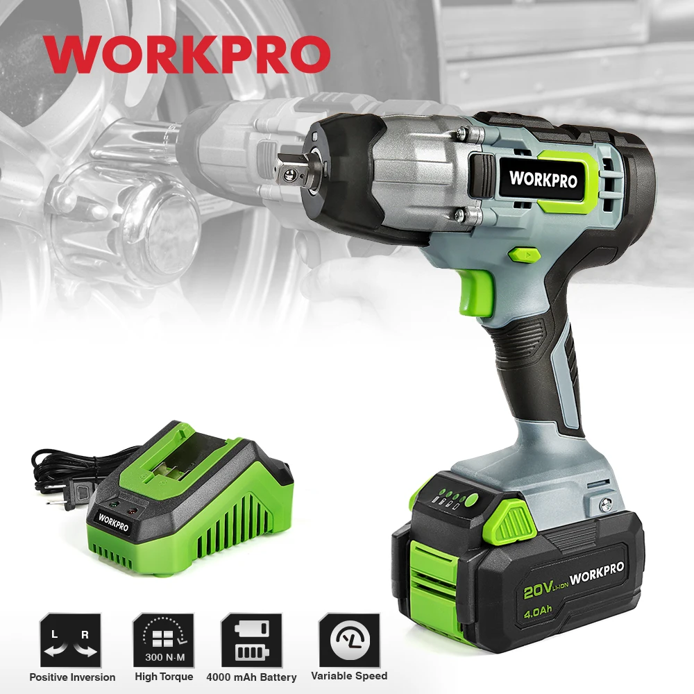 WORKPRO 20V 4.0Ah Cordless Electric Impact Wrench 1/2inch Power Tools Electric Wrench with LED Light+Battery For Fast Charger