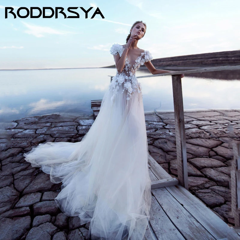 

RODDRSYA Sexy Deep V-Neck Backless A-Line Wedding Dress Romantic Tulle Applique Bride Party Simple Cap Sleeve Robe De Mariée