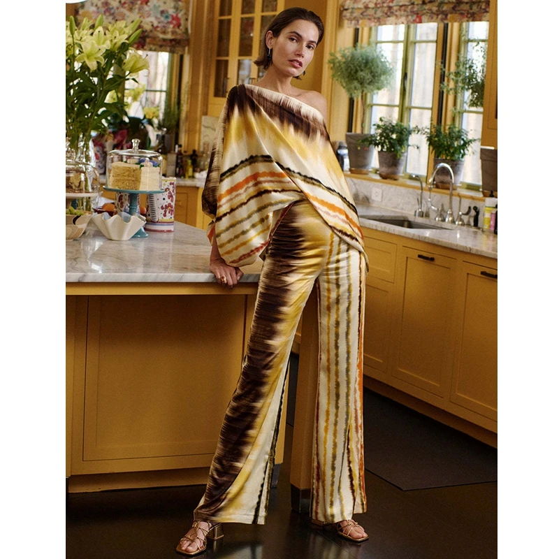 

Casual Pants Two-Piece Suit Wide Leg Pants Suit Summer Tshirt Top Sets Women Suit Slash Collar Blouses Top Trousers