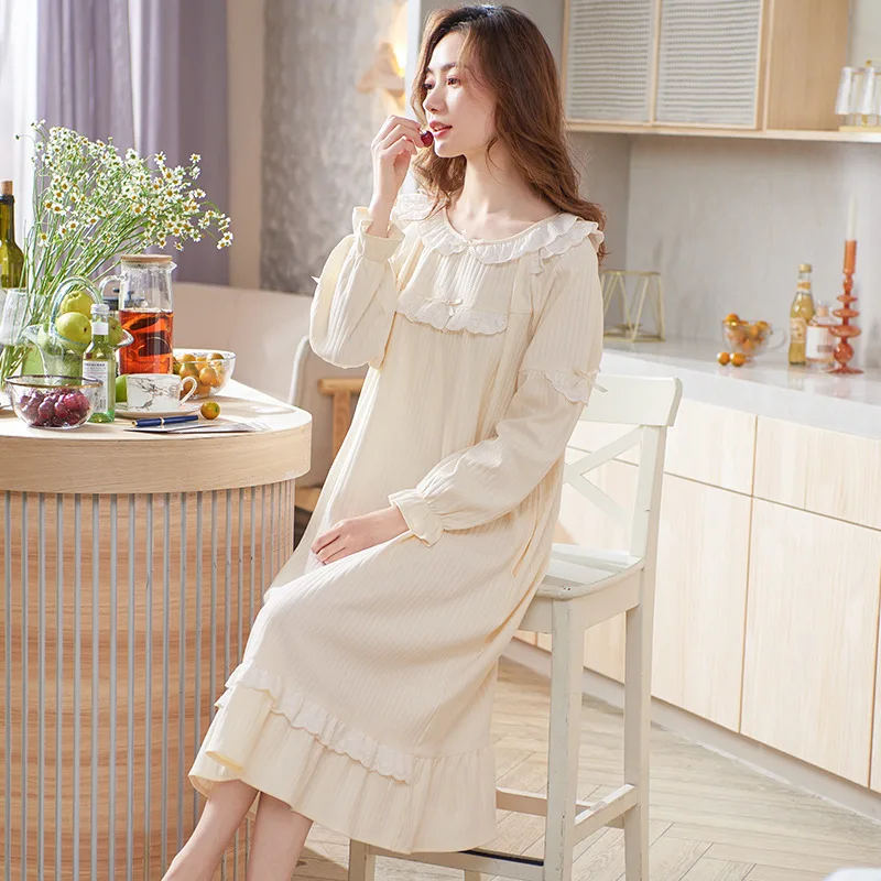 2022 Pajamas Women's Spring Autumn Cotton Nightdress Temperament Court Style Plus Size Home Clothes Night Wear Sleeping Dress