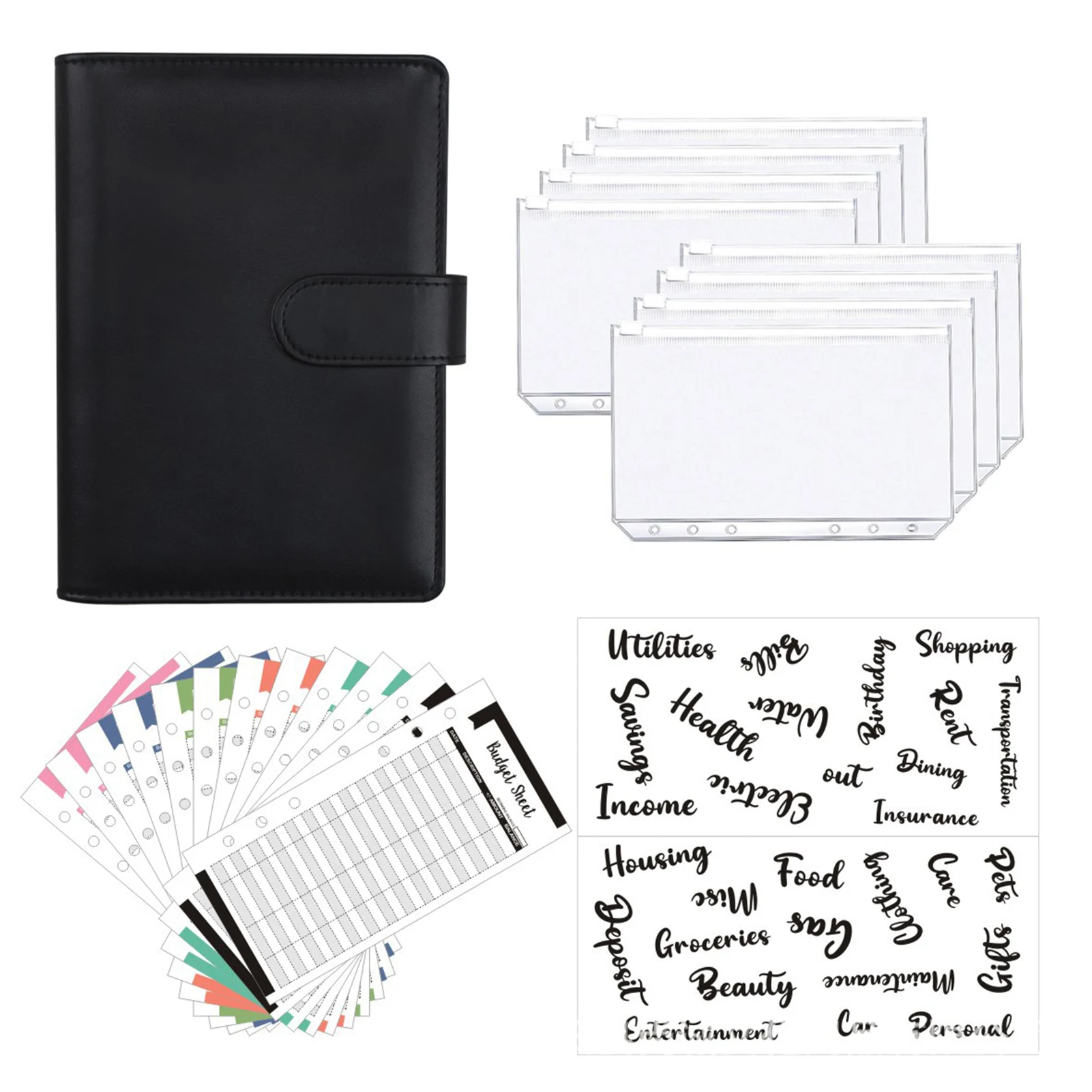 

Cash Envelope Office Label Gift Notebook Binder 6 Ring PU Leather Expense Money Saving Pockets Diary Budget Planner Travel