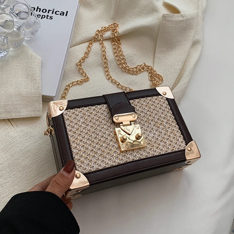 

Mini Box Shape Straw Sling Bags for Women 2022 Summer Trendy Crossbody Bags Lady Purses and Handbags Female Shoulder Beach Bag