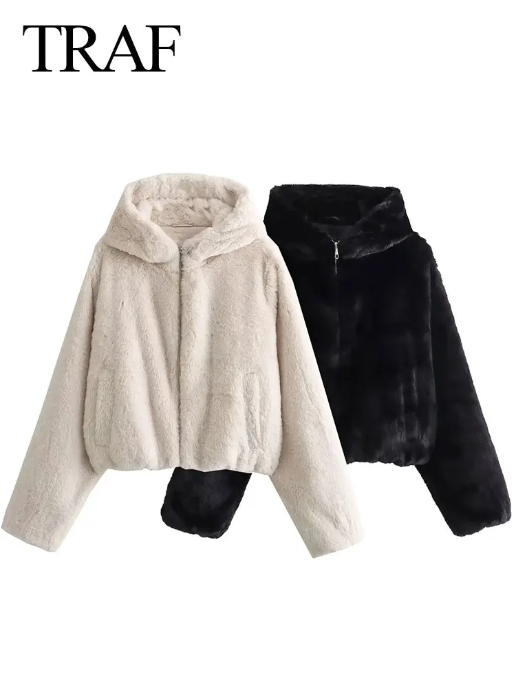 

Женское короткое пальто с капюшоном, на молнии, из искусственного меха