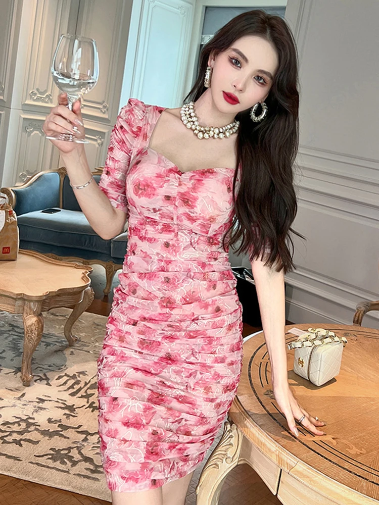 

Summer Woman Mini Dress Sweet Sexy Elegant Mesh Embroidery Flowers Pleated Bodycon Wrap Hip Gown Holiday Party Vestidos Mujer