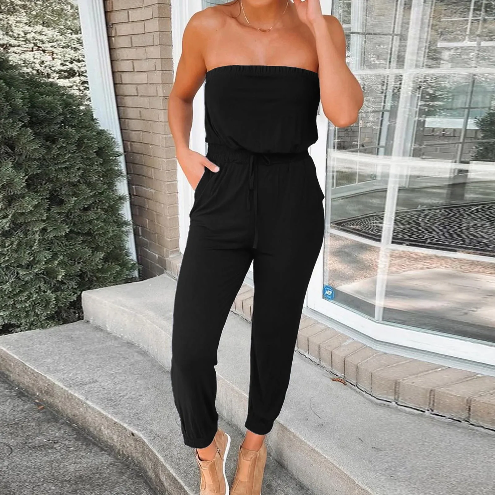 

Женский комбинезон без рукавов, повседневный однотонный Длинный комбинезон с карманами и поясом на резинке, пляжная одежда в винтажном сти...