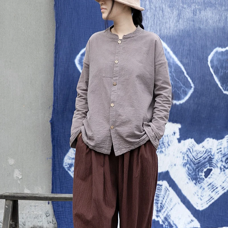 

Женские винтажные серые рубашки, весенние блузки со стоячим воротником и длинным рукавом, новинка 2023, женские рубашки и топы в стиле пэчворк на пуговицах