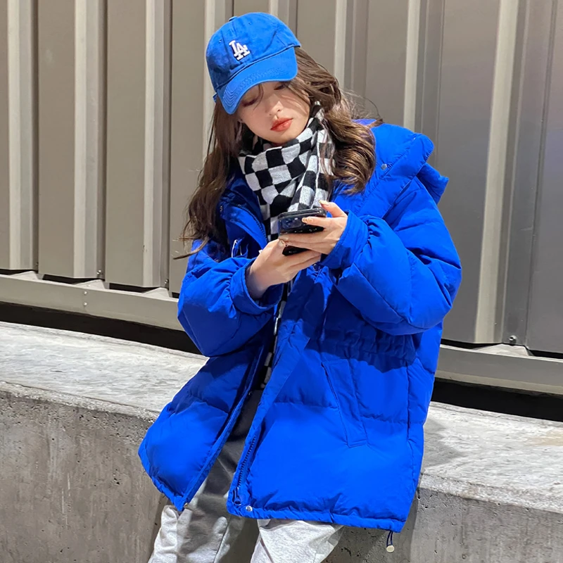 Women's Fashion New Glossy Stand Collar Snow Coat Solid Warm Cotton Jacket Loose Overcoat Winter Zipper Windproof Hooded Parkas