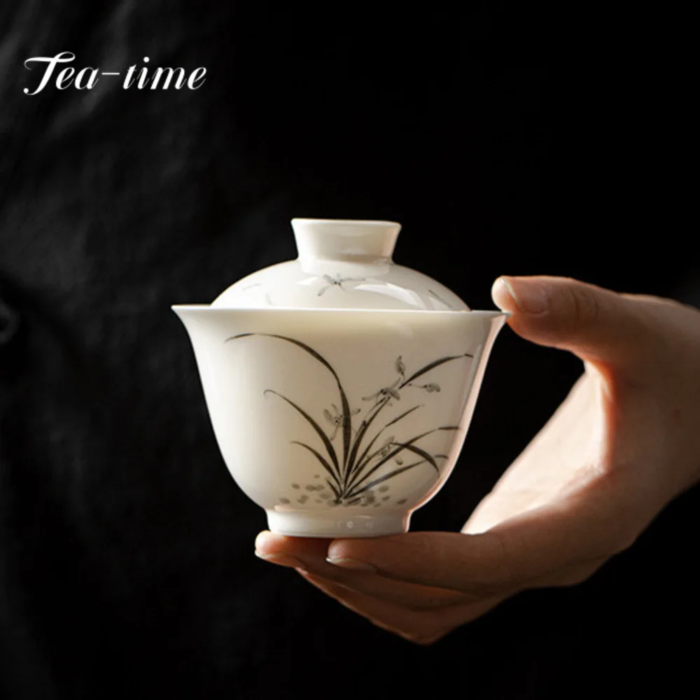

140ml Under Glazed Hand Painted Orchid Tea Tureen Single Cup Ceramic Simple Teacups White Porcelain Cover Bowl Kung Fu Tea Set