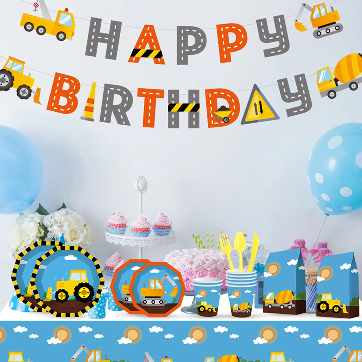 

66Pcs Construction Birthday Party Tableware Set Construction Truck Dinnerware Set Reusable Durable Engineering Car Party Supply