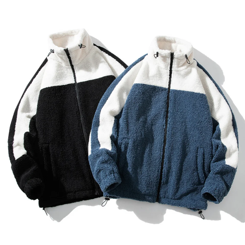 Covrlge Men's Lamb Wool Coat Autumn Winter Fleece Stand Collar Warm Jacket Windproof Patchwork Color Parka Men Clothes MWM178