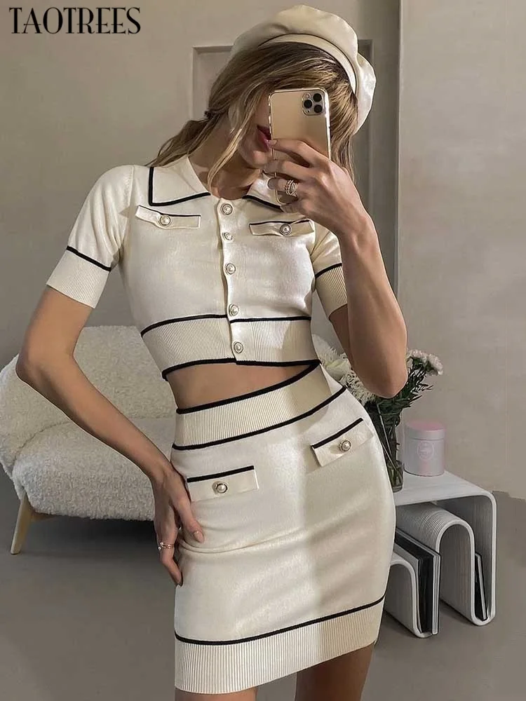 

Taotrees Women’s Knitted Skirts Suits Shirt Collar Color Matching Cardigan Sweaters+Skinny Mini Skirts 2 Pieces Sets Streetwear