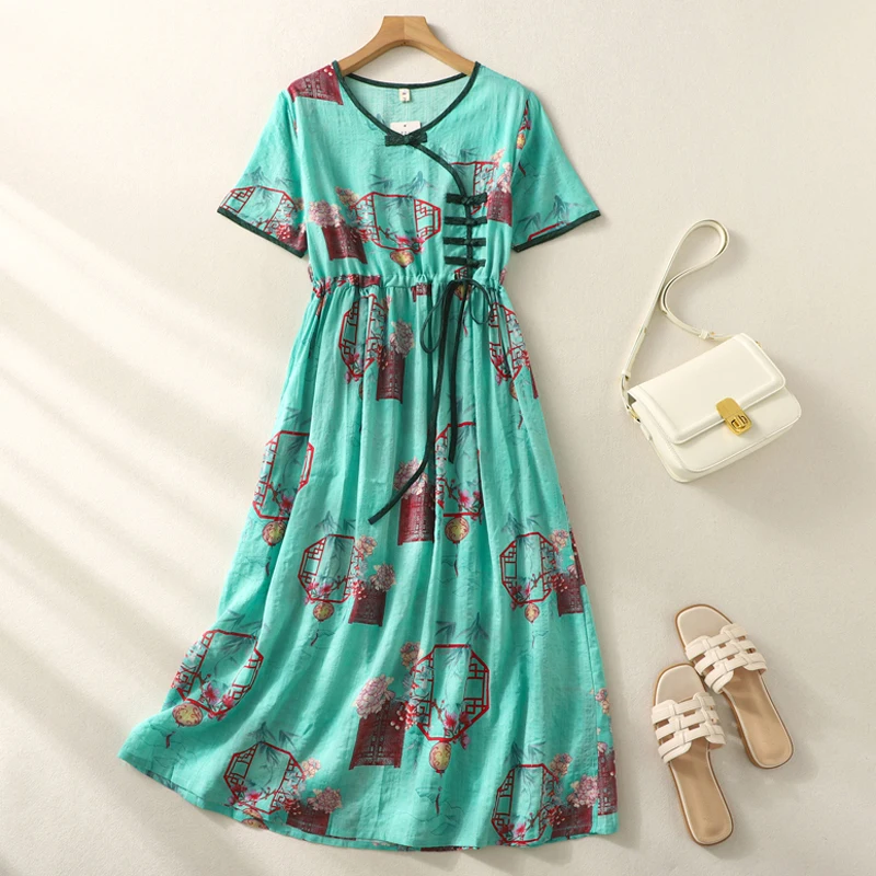 

Commuter Button Casual Loose Female Long Skirt Half Sleeve Cotton Linen Elegant Fashion Women Summer 2023 Woman Dress X7876