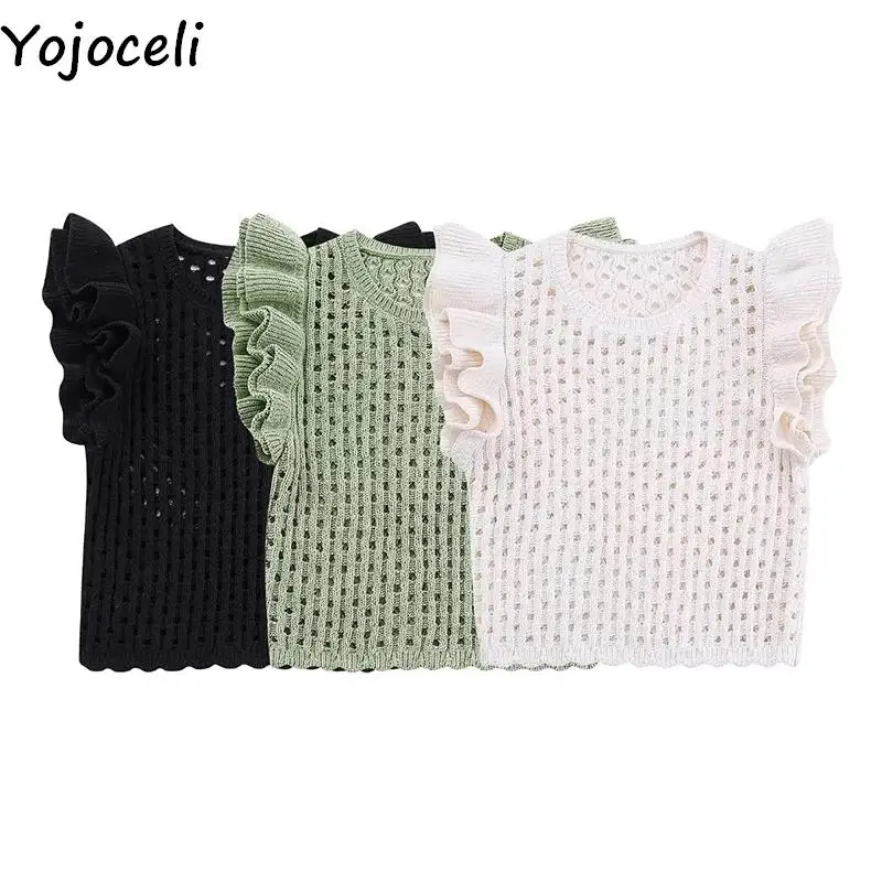 

Yojoceli Ruffle hollw out women knitted vest Autumn sweet sweater vest Casual cute fashion sleeveless knitting outerwear tops