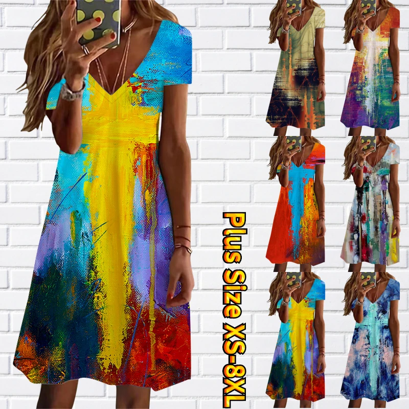 

Women's Knee-length Skirt Summer Regular Dress Vintage Elegant Short Sleeve Skirt V-neck New Design 2023 Printed Party Dress