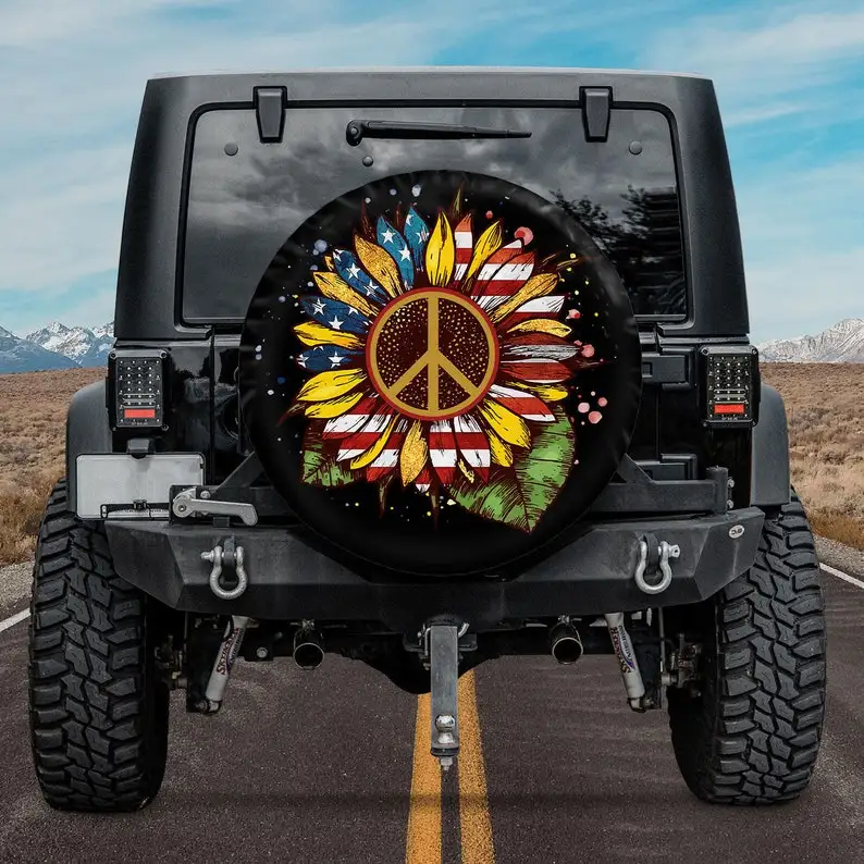 

Sunflower America Flag Hippie Peace Holiday tire spare, Halloween Gift, USA Spare Tire Cover, Christmas Gift, Unique Spare Tire