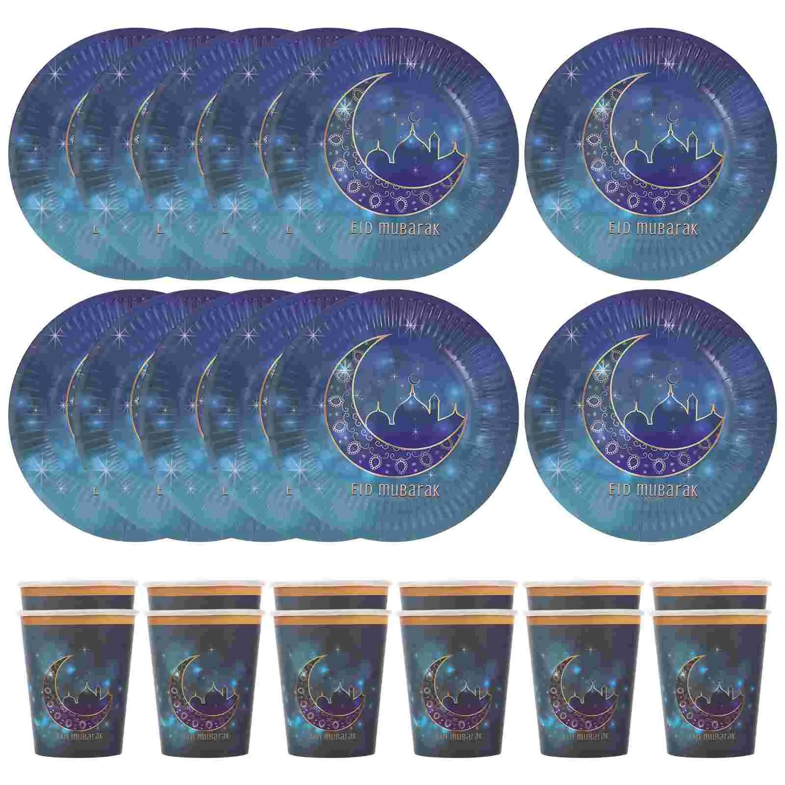 

24pcs Eid Mubarak Paper Cups Dishes Festival Party Disposable Cups Plates