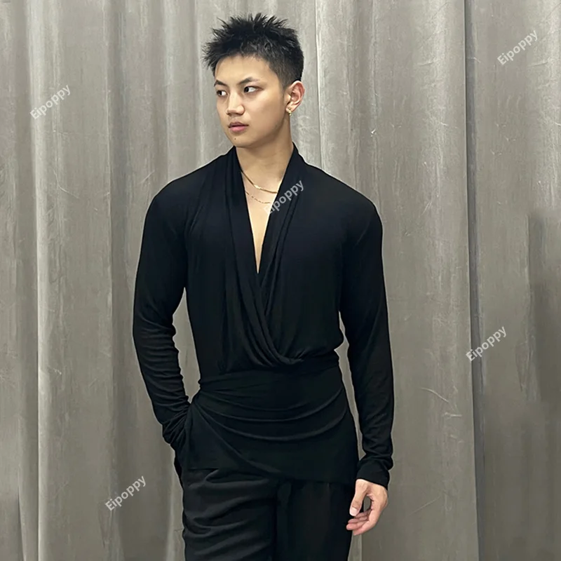 Топ Мужской для латиноамериканских танцев с длинным рукавом и V-образным вырезом