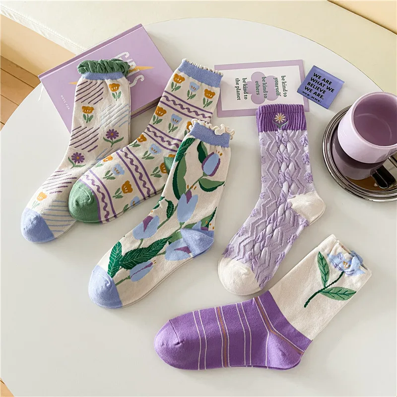 

Blue purple series plant floral socks female fall new three-dimensional flower mid-tube socks cotton socks stockings