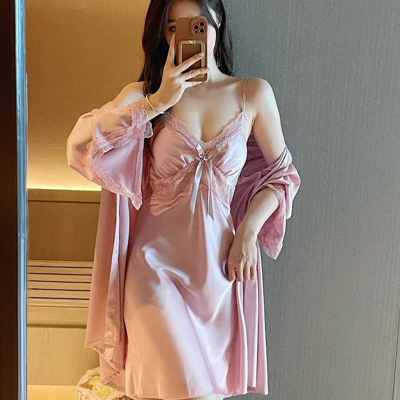 

Новый женский комплект ночной рубашки, весна-лето, кимоно, халат, ночная рубашка на бретелях-спагетти, Сексуальная кружевная домашняя одежд...