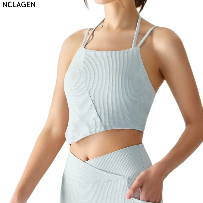 

NCLAGEN Gym Sports Bra Women's Shoulder Strap Yoga Top With Chest Cushion Fitness Tank Workout Sexy Push-up Fitness Top