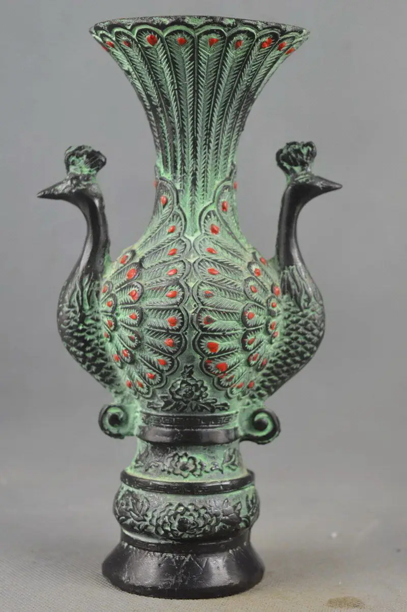 

Collectible Handwork Old Bronze Carving Double-Face Tail Peacock Auspicious Vase