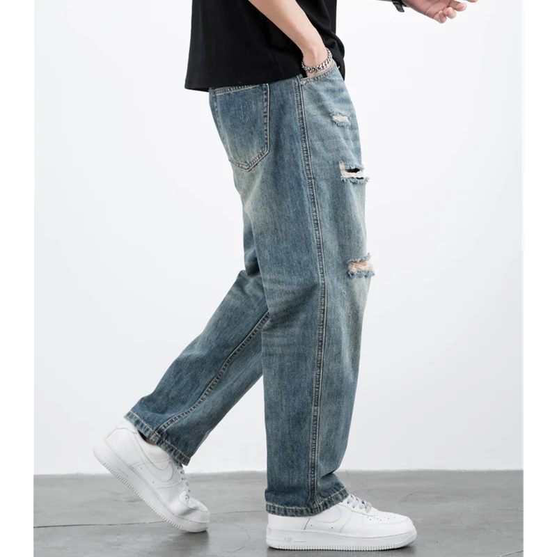Men Clothing New Pattern Recreational Vintage Broad Leg Blue Ripped Jeans Straight Cylinder Large Loose Cargo Pants Autumn Women