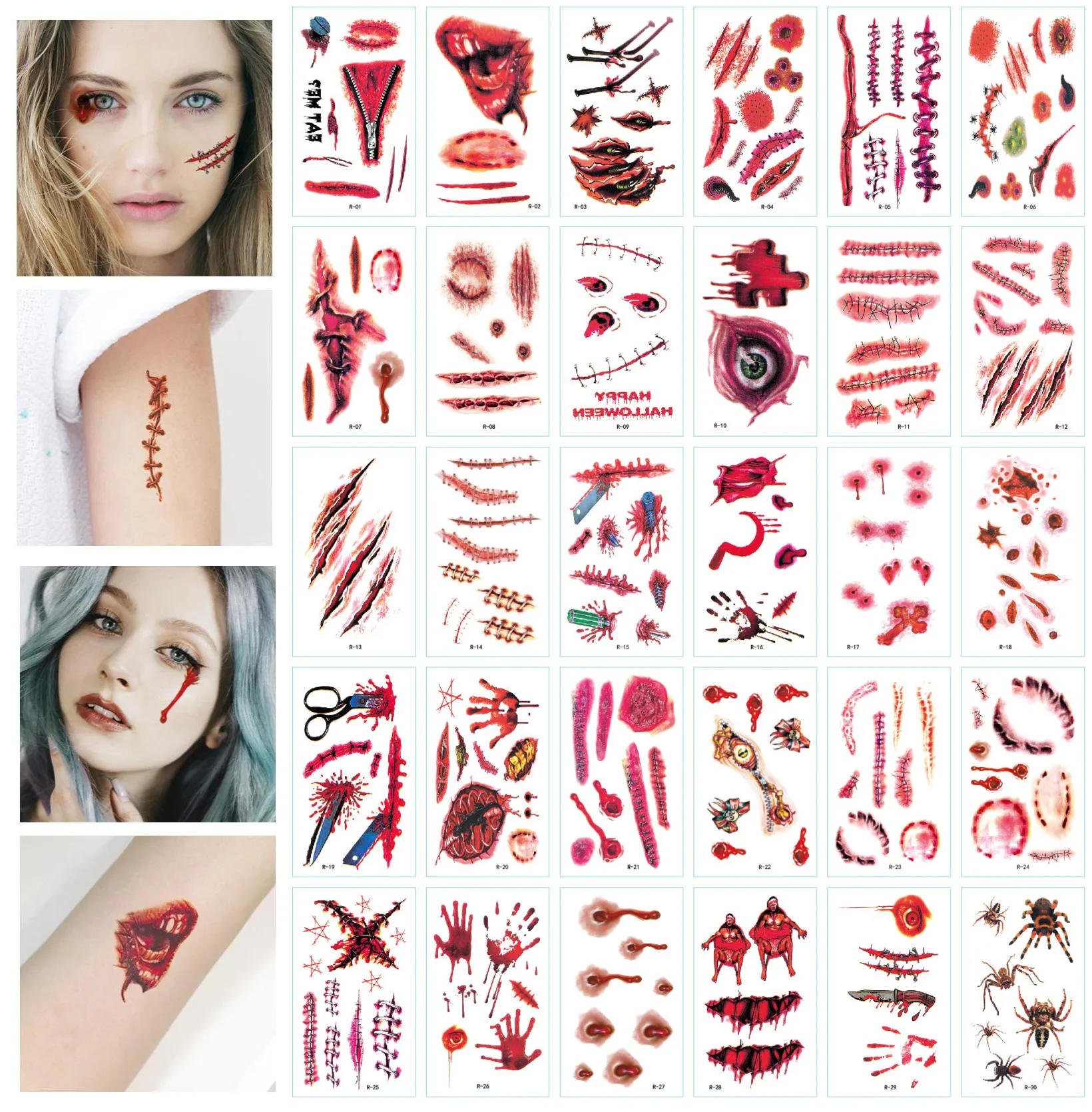 

60Pcs/Lot 5.7x9.7cm On Halloween Horrible Scar Scratch Fake Wound Stitch Tattoos Stickers Water-Proof Temporary Body Art HA1770