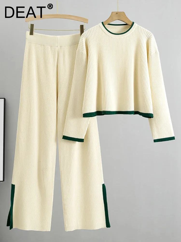 DEAT 2024 Осенний вязаный комплект из 2 предметов с круглым вырезом и длинными