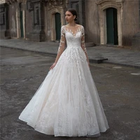 long sleeves lace appliques wedding dress a line button back sweep train bridal gown vestido de novia custom made hochzeitskleid