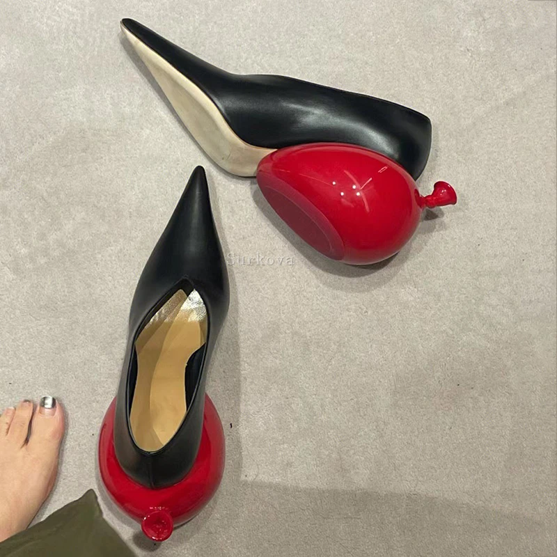 3D Balloon Shaped Heel Pumps Strange Heels Black Leather Pointed Toe Slip On Celebrating Banquet Shoes Stretch Club Dress Shoes