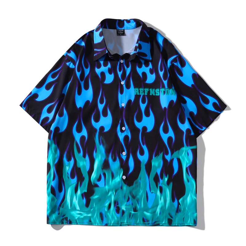 

Summer Fashion Flame Digital Men's Shirt Pattern Print Short Sleeve Loose Hawaiian Shirts Men Casual Beach Aloha Shirt Polyester