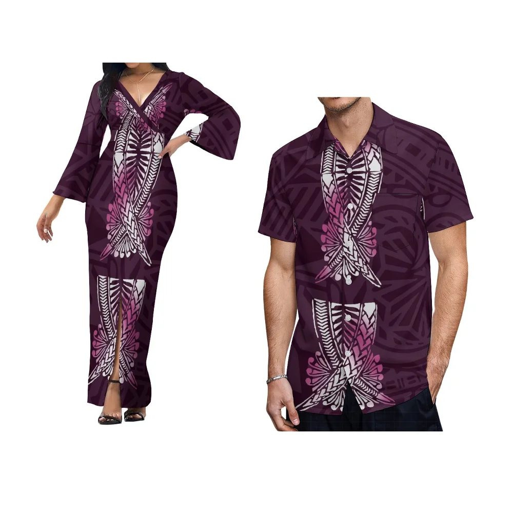 Hawaiian Islands Custom Couple Set Women'S Tight Skirt Men'S Shirt Polynesian Art Print Temperament V-Neck Slit