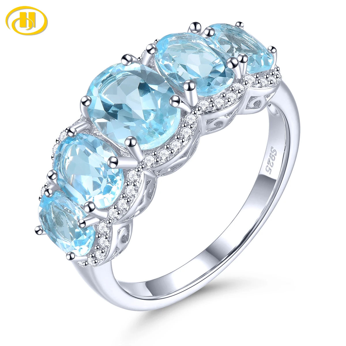 

Natural Sky Blue Topaz Solid Silver Women's Ring 4.5 Carats Genuine Gemstone Classic Fine Jewelry Design S925 Birthday Gifts