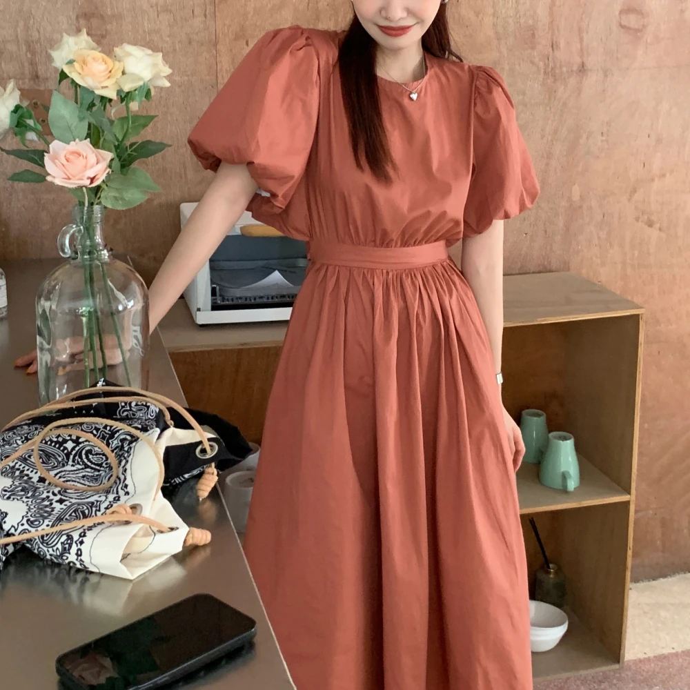 

Summer Vintage Backless Long Dress Women 2022 Puff Sleeve Elastic High Waist A-line Midi Sundress Solid Color Round Collar