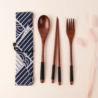 japanese style wire wound spoon fork chopsticks set long handle three piece set wooden portable tableware kitchen supplies