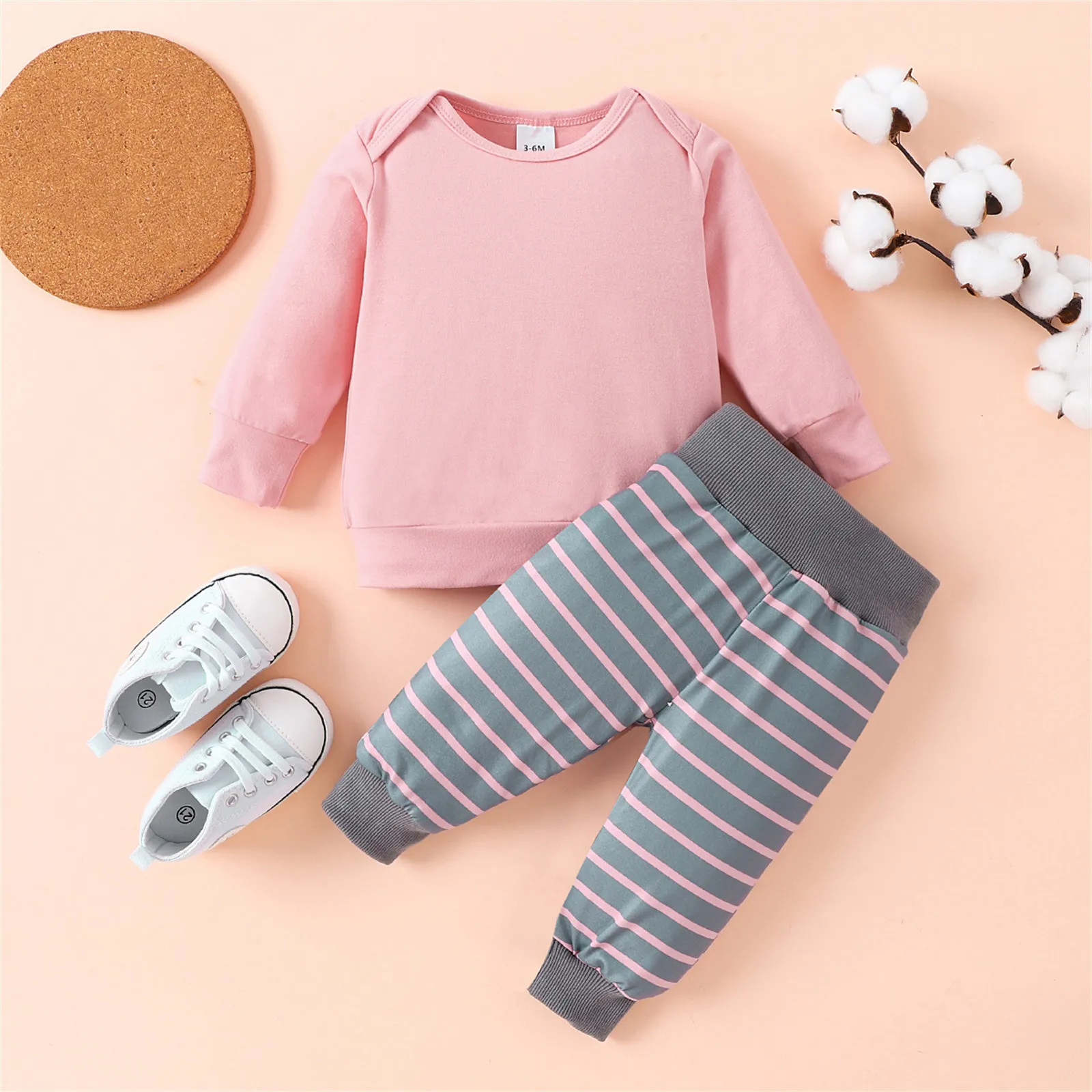 

Autumn Causal Baby Girls 2pcs Clothes Sets Solid Pink Long Sleeve Pullover Sweatshirt Striped Long Pants Winter Clothing 0-24M