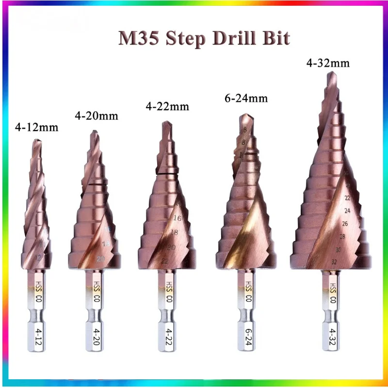 

M35 5% Cobalt HSS Step Drill Bit HSS CO HSSCO High-Speed Steel Cone Hex Shank Metal Drill Bits Tool Set Hole Cutter
