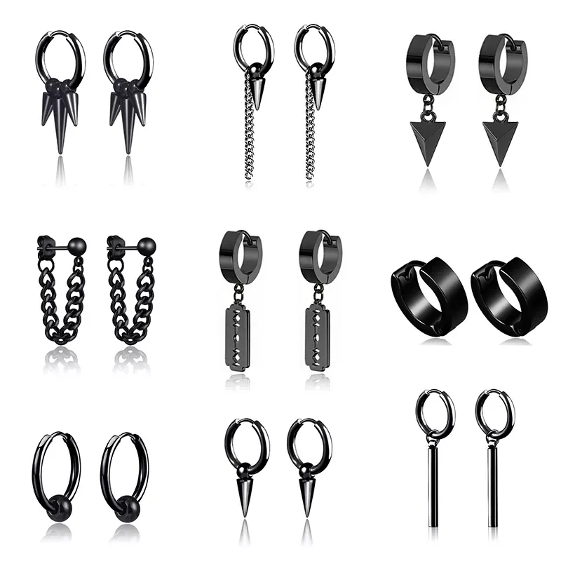 pair Punk Multiple Styles Fashion Black Color Stainless Steel Simple Earrings for Women And Men Punk Jewelry Gifts