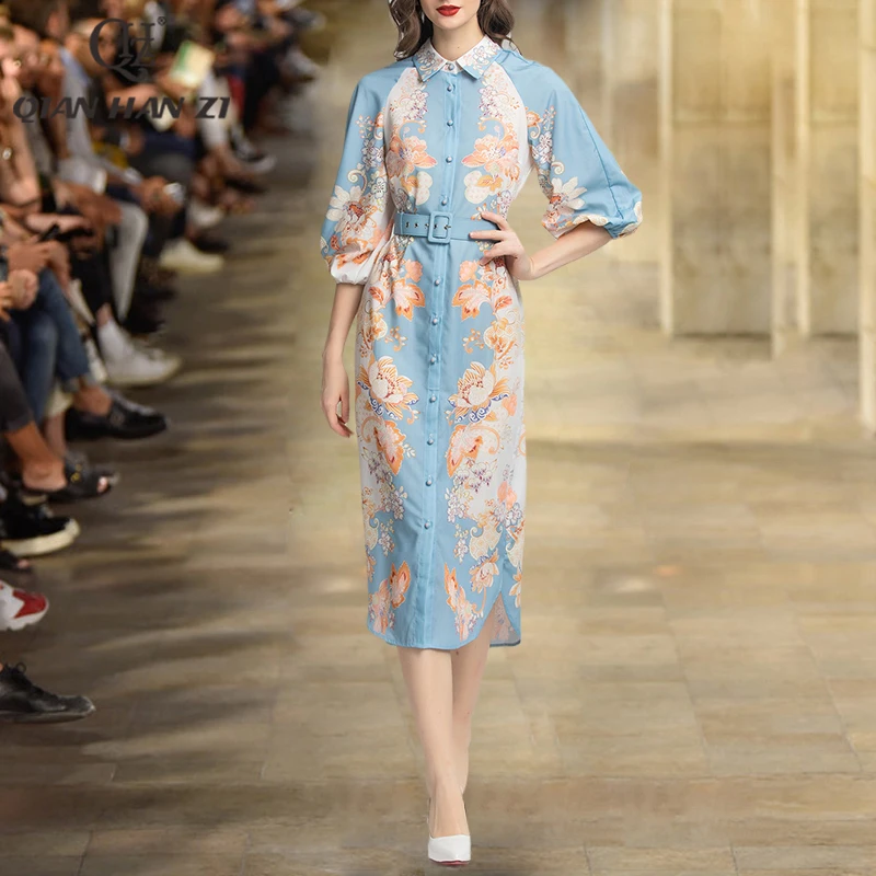 

QHZ Designer Fashion dress long for Women Spring Autumn vintage Single-breasted flowers print loose Beach Vacation Dress