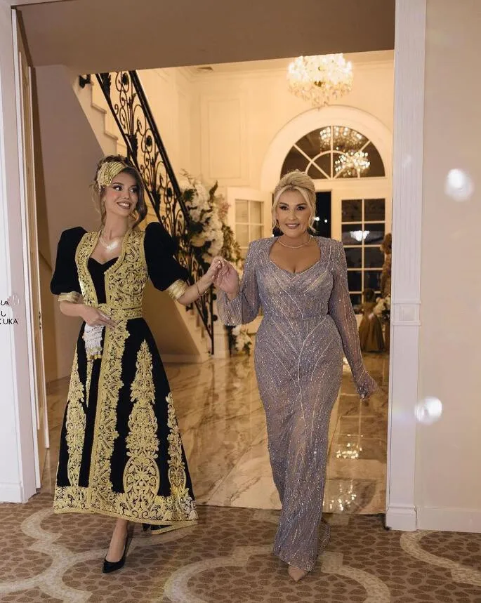 Черные бархатные арабские платья Caftan для выпускного вечера из двух частей 2024