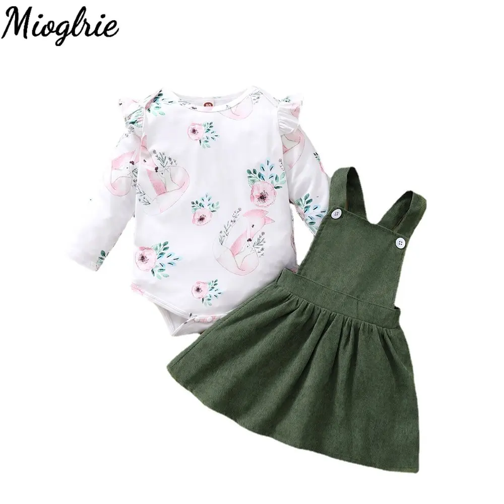 3-24Months Newborn Baby Girl Clothes Set Flowers Fox Print Long Sleeve Romper Top Suspender Skirt Spring Autumn Lovely Outfit