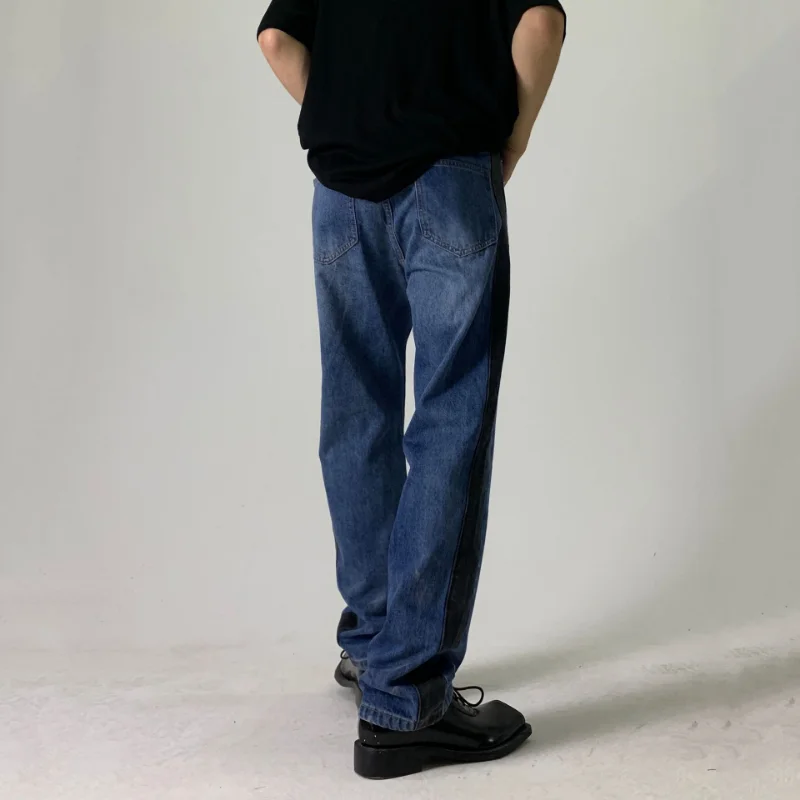 Jeans men's straight loose wide legs are thin and tall Korean version of retro trousers Hong Kong style contrast color Casual