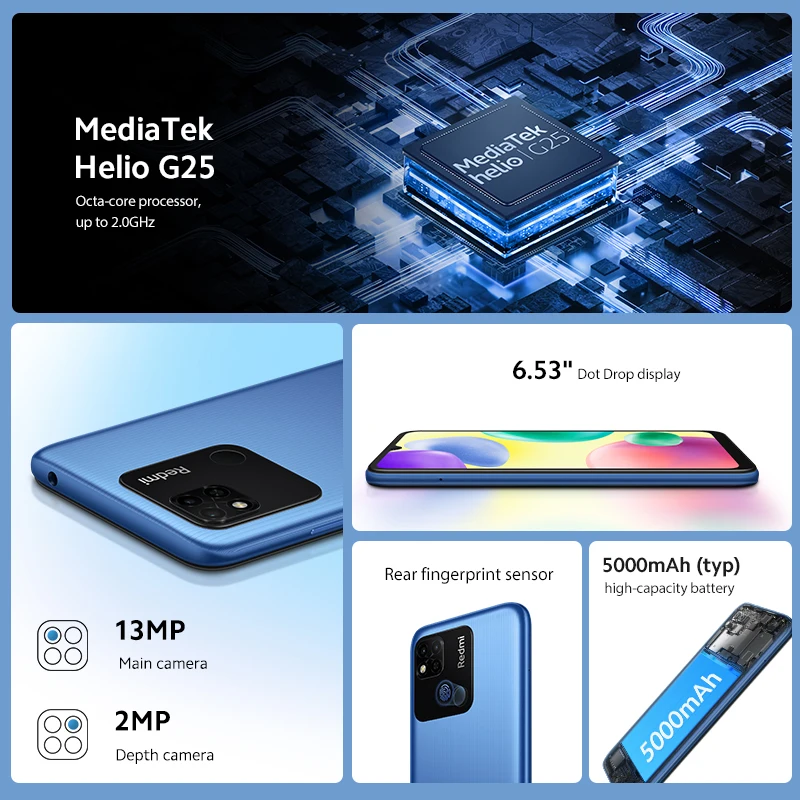 Xiaomi Redmi 10A Global Firmware Smartphone 64GB / 128GB Helio G25 Octa Core 6.53' HD Display 13MP Fingerprint 5000mAh Cellphone